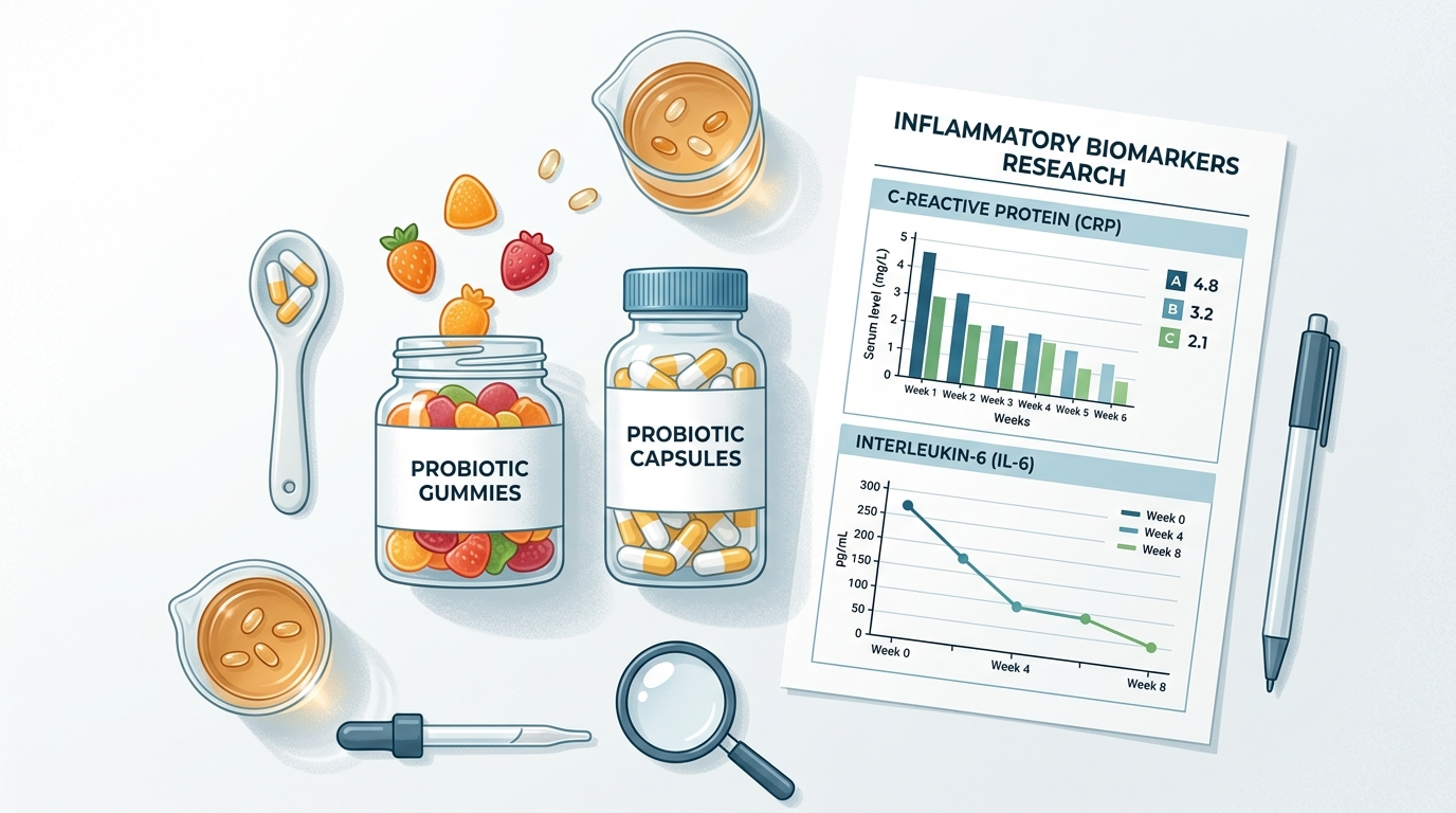 Probiotic supplements arranged alongside inflammatory biomarker data points for a comparison of anti-inflammatory strains
