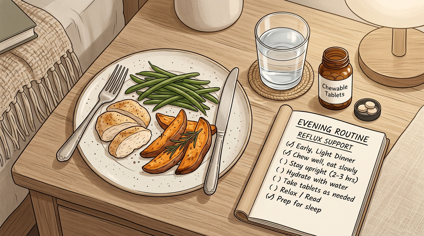 Daily support setup for managing acid rebound during a pantoprazole step-down routine.