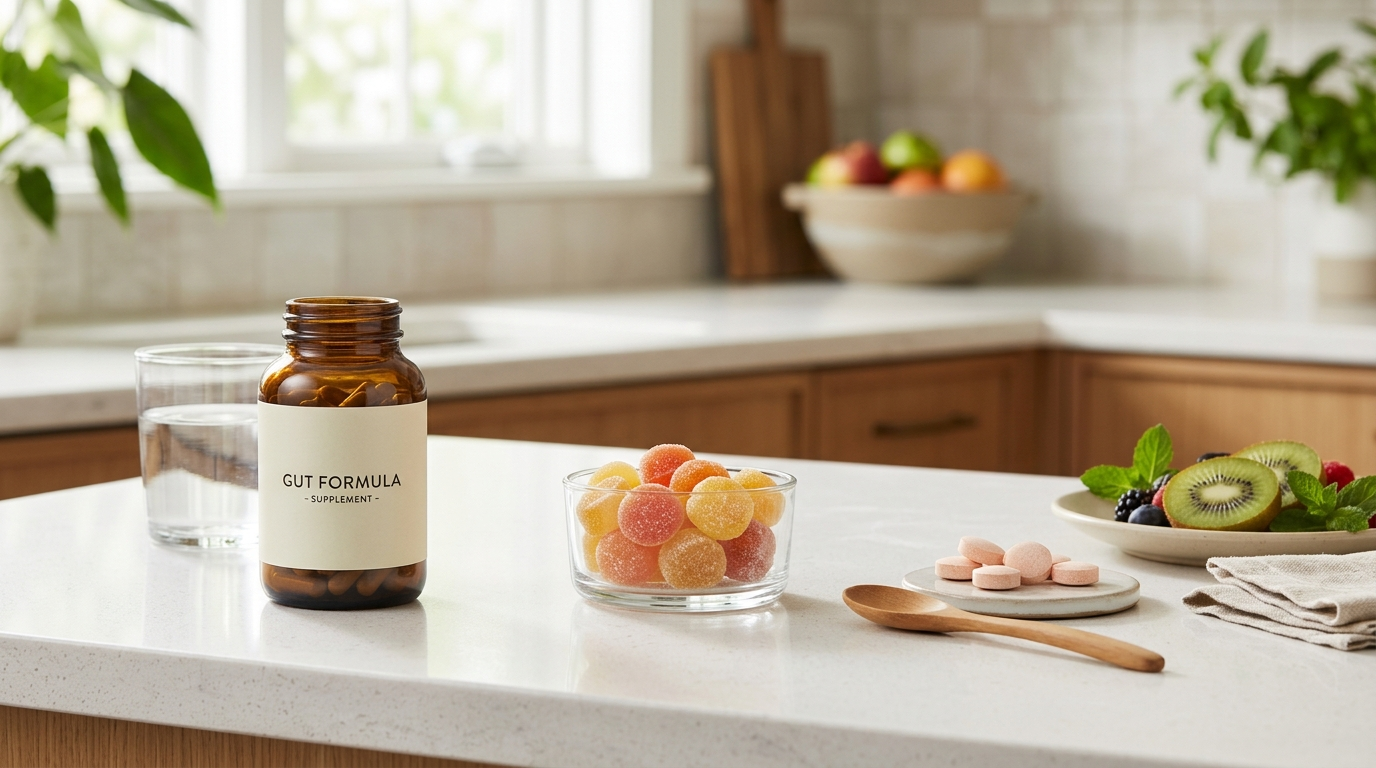 Comparison image showing a broad gut supplement bottle beside fiber gummies and papaya digestive enzyme chewables on a bright kitchen counter
