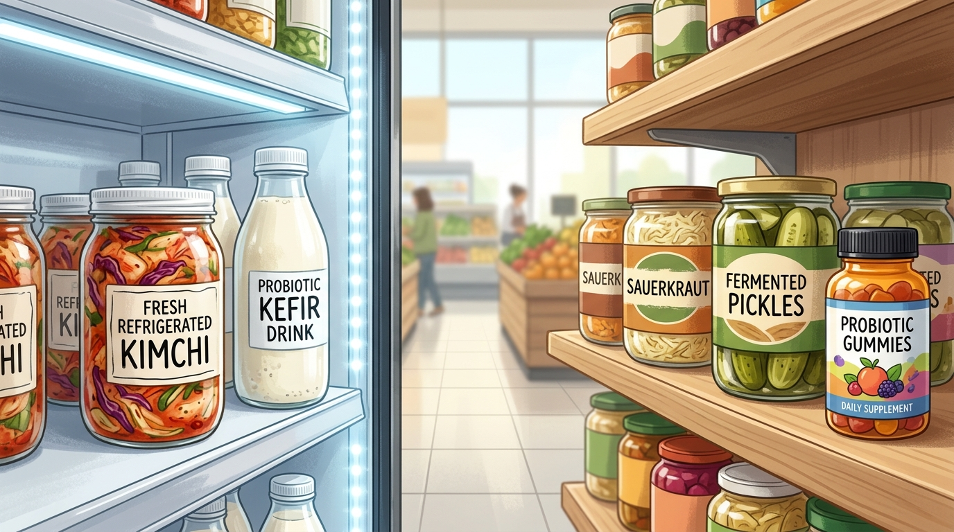 Refrigerated and shelf-stable fermented foods compared with a probiotic gummy supplement at a grocery store.