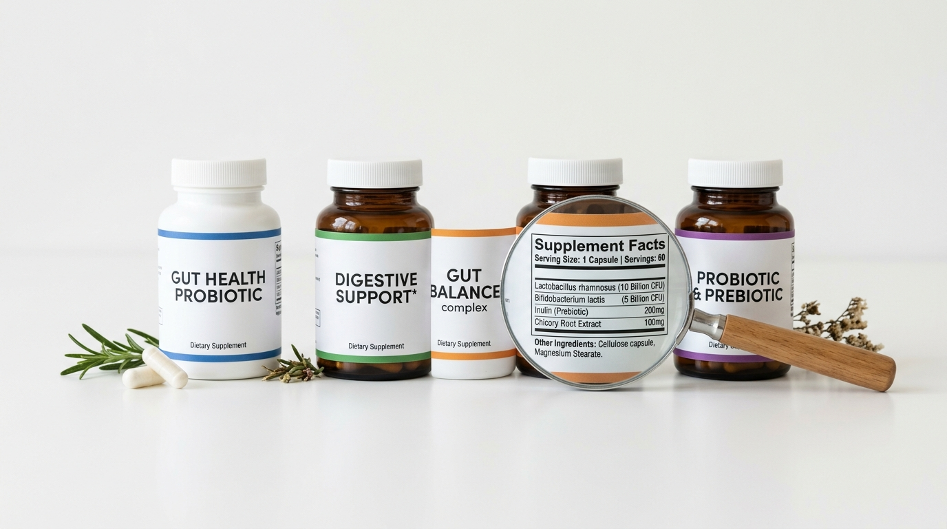 Flat-lay comparison of gut health supplement bottles with a magnifying glass highlighting ingredient label details, representing evidence-based supplement review