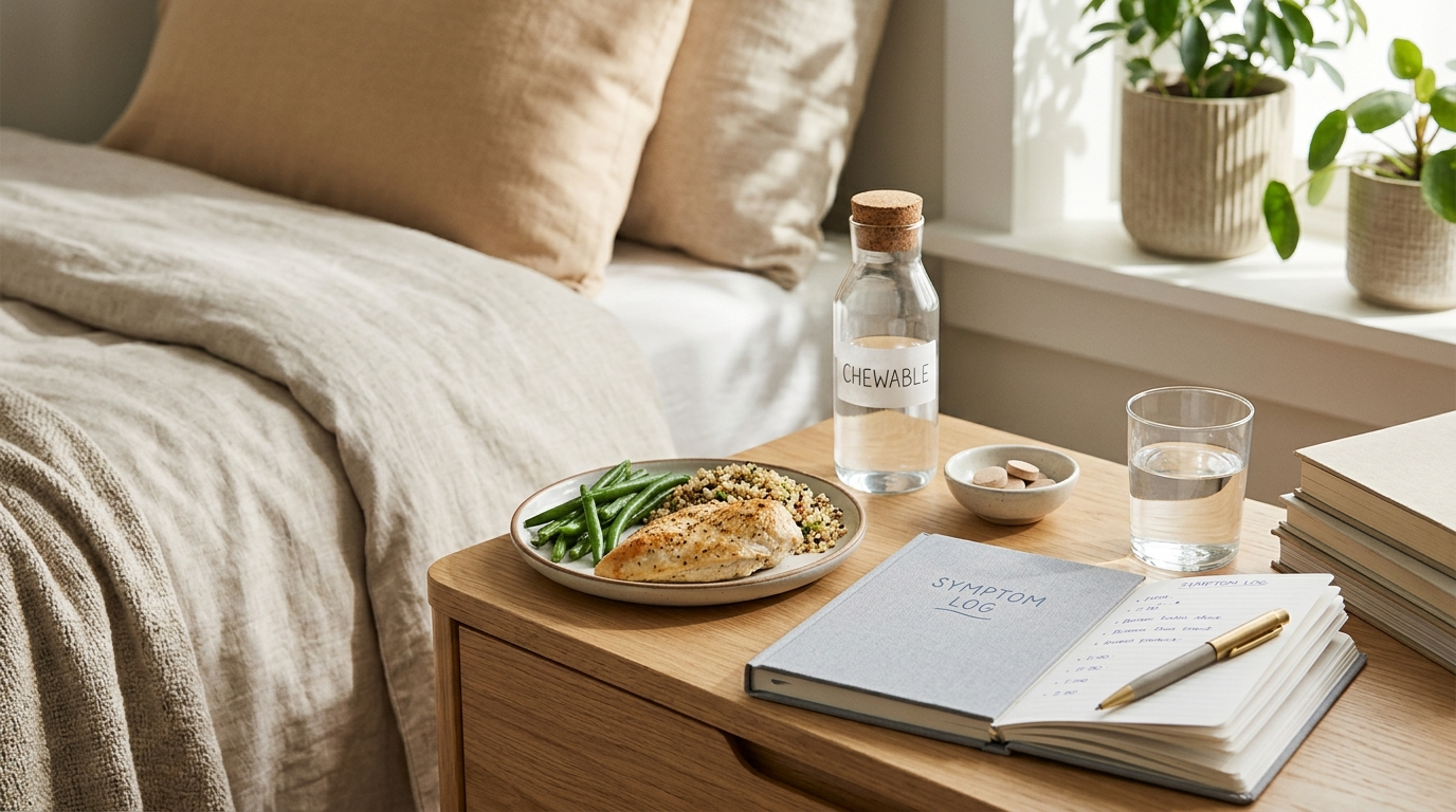 Scene showing a reflux symptom journal, a lighter dinner routine, and chewable digestive support options.