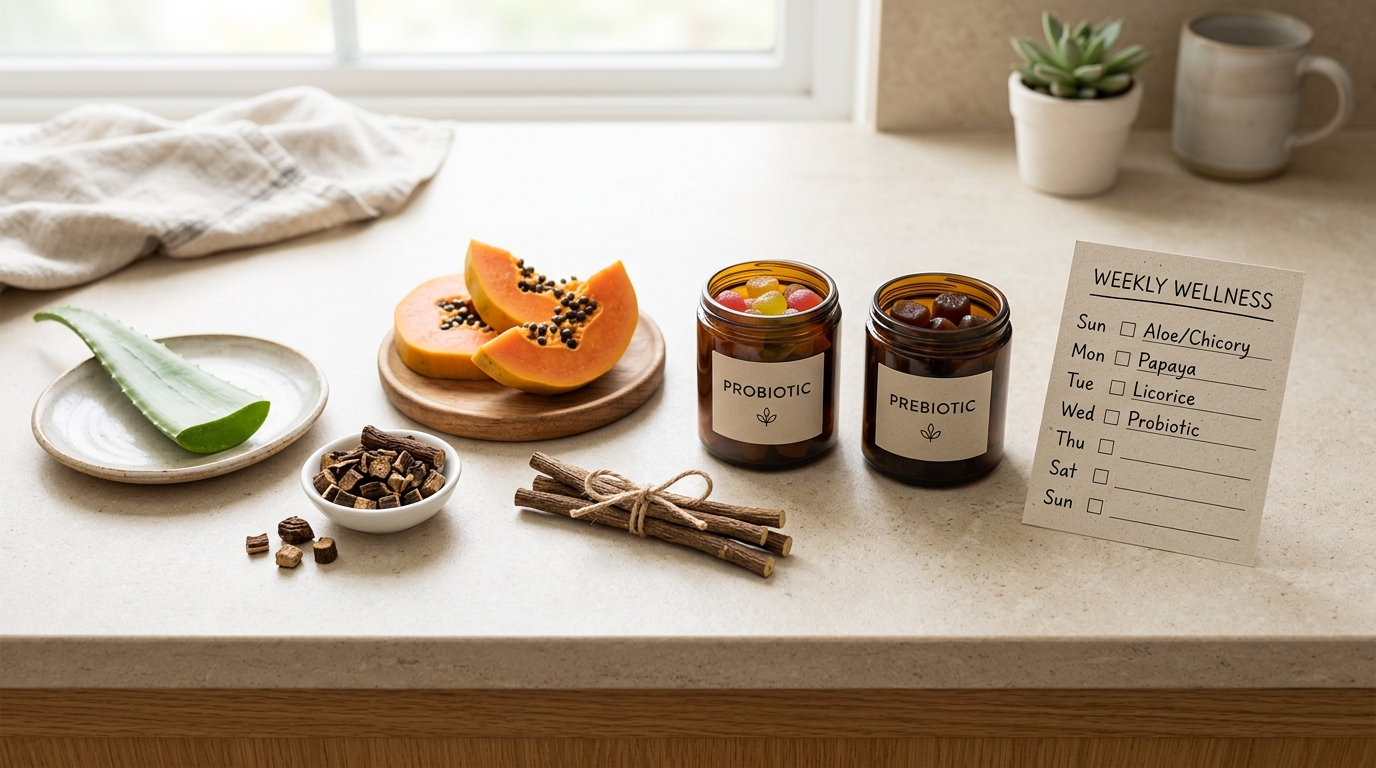 Aloe vera, chicory root, papaya, licorice root, and digestive supplements arranged for a daily gut health routine comparison.