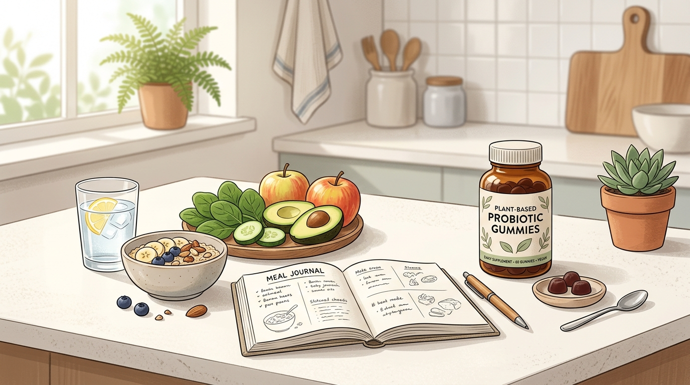 Meal journal, water, fresh foods, and probiotic gummies arranged for a gentle digestive routine.