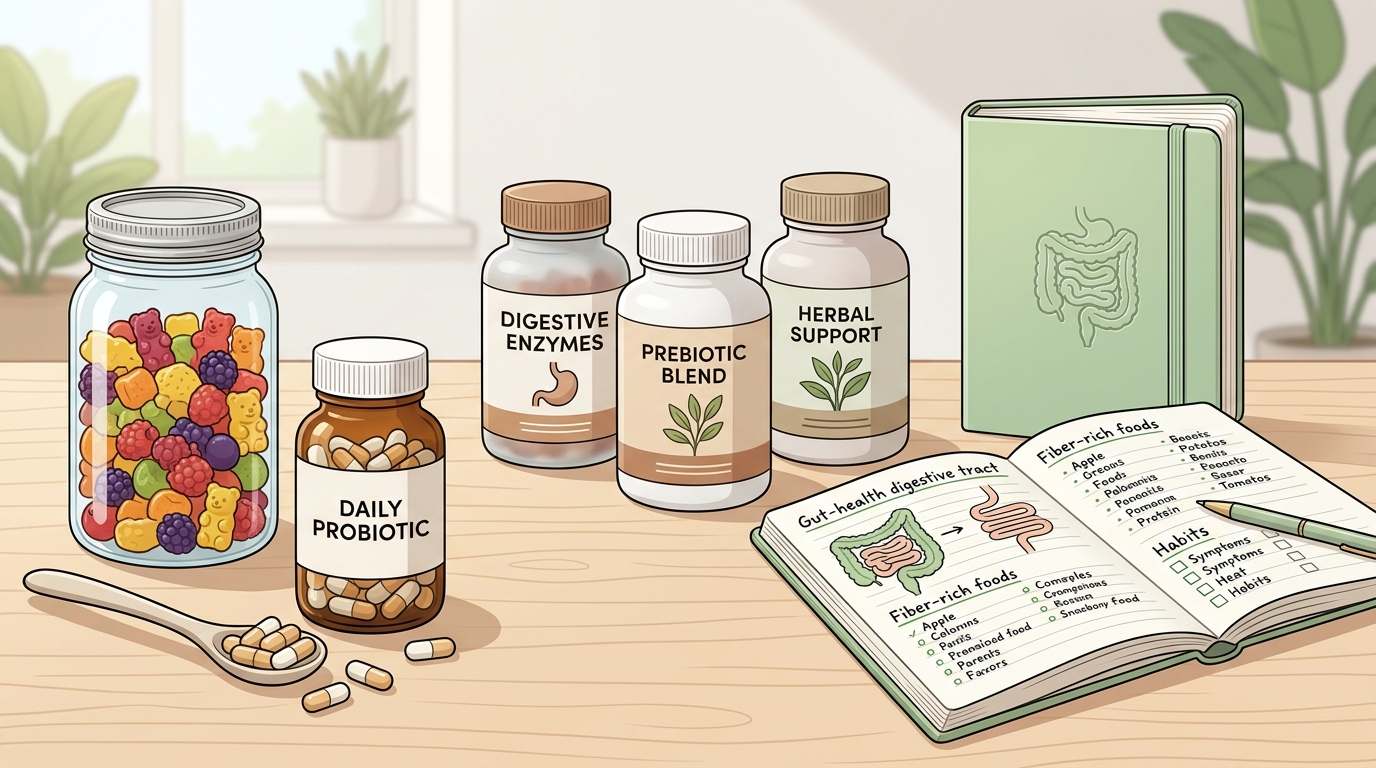 Digestive support supplements including fiber gummies and probiotic capsules arranged in an editorial comparison scene.