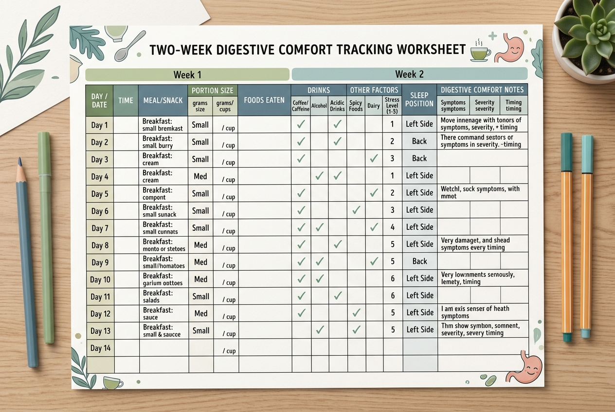 Two-week reflux-pattern tracking worksheet showing meal timing and comfort notes.