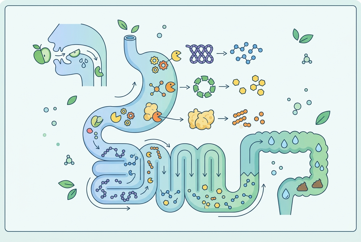 Diagram showing digestive enzymes breaking down food molecules in the small intestine before reaching the colon, preventing fermentation and bloating