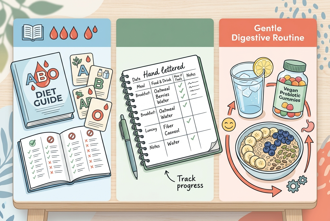 Comparison of blood type diet rules, meal tracking, and a gentle digestive routine.