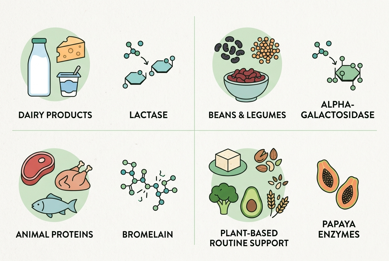 Digestive enzyme matching guide showing lactase for dairy, alpha-galactosidase for beans, bromelain for protein, and papaya enzymes for routine support.