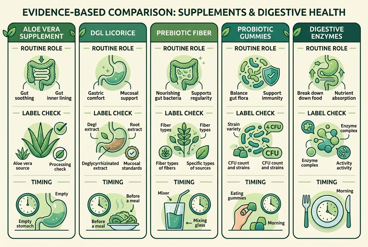 Comparison chart showing digestive supplement roles for aloe vera, DGL licorice, prebiotic fiber, probiotic gummies, and digestive enzymes.