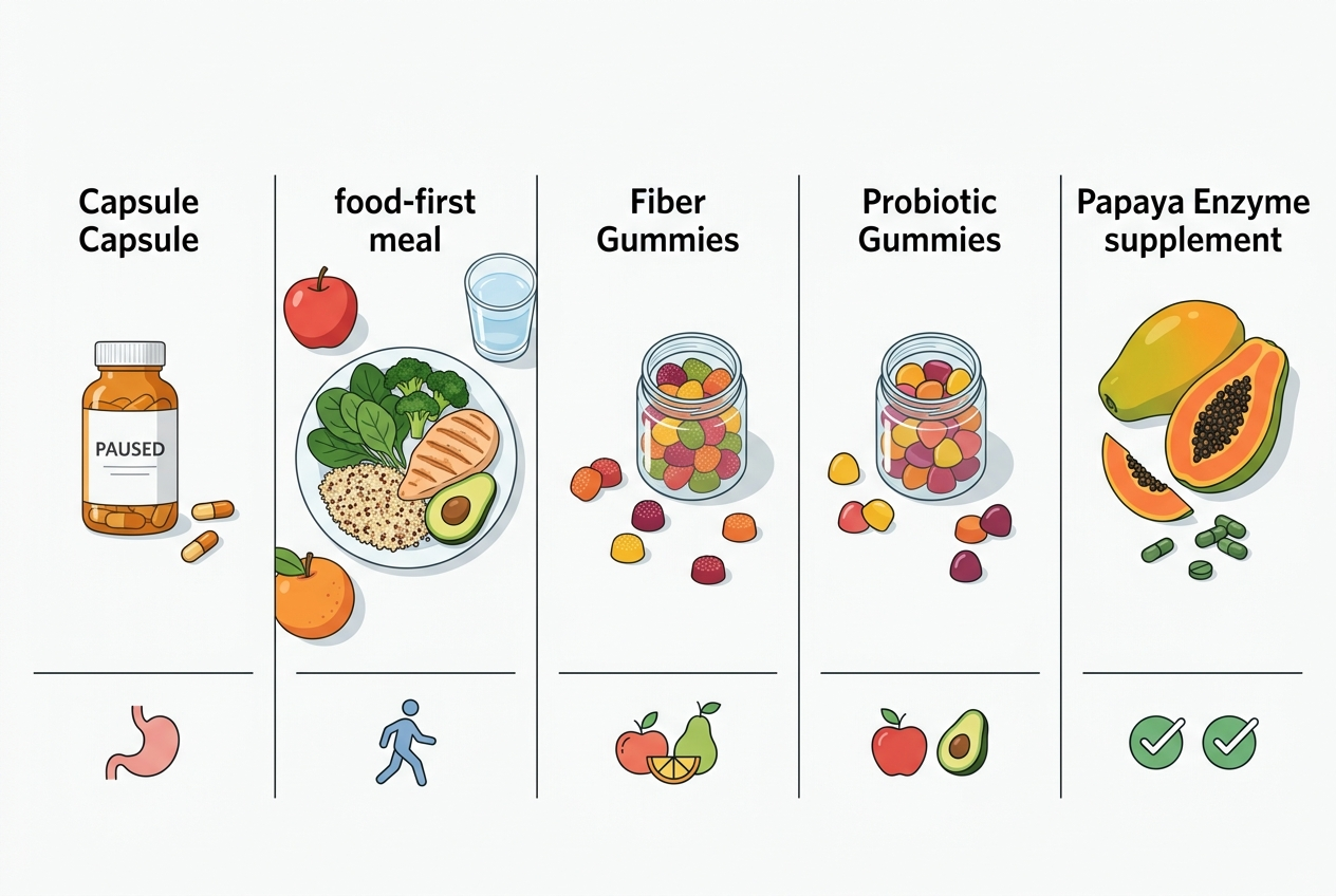 Comparison of digestion routine options including dose reduction, food-first meals, fiber gummies, probiotic gummies, and papaya enzymes.