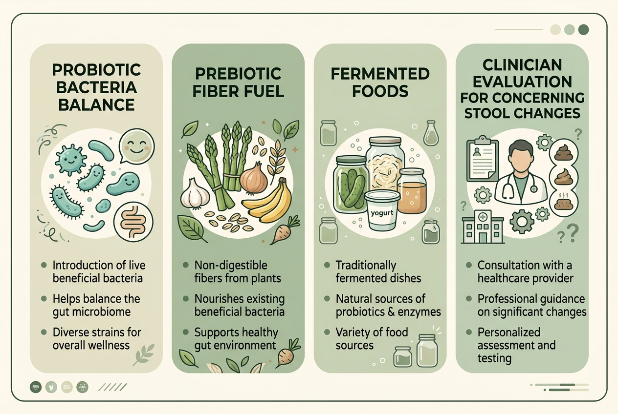 Infographic comparing probiotics, prebiotic fiber, fermented foods, and clinician evaluation for stool changes.