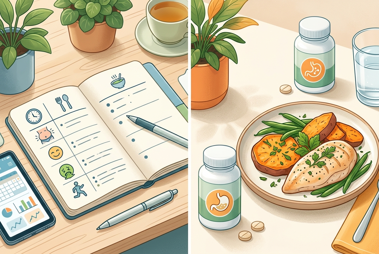Symptom log and chewable digestive support routine beside a simple meal.