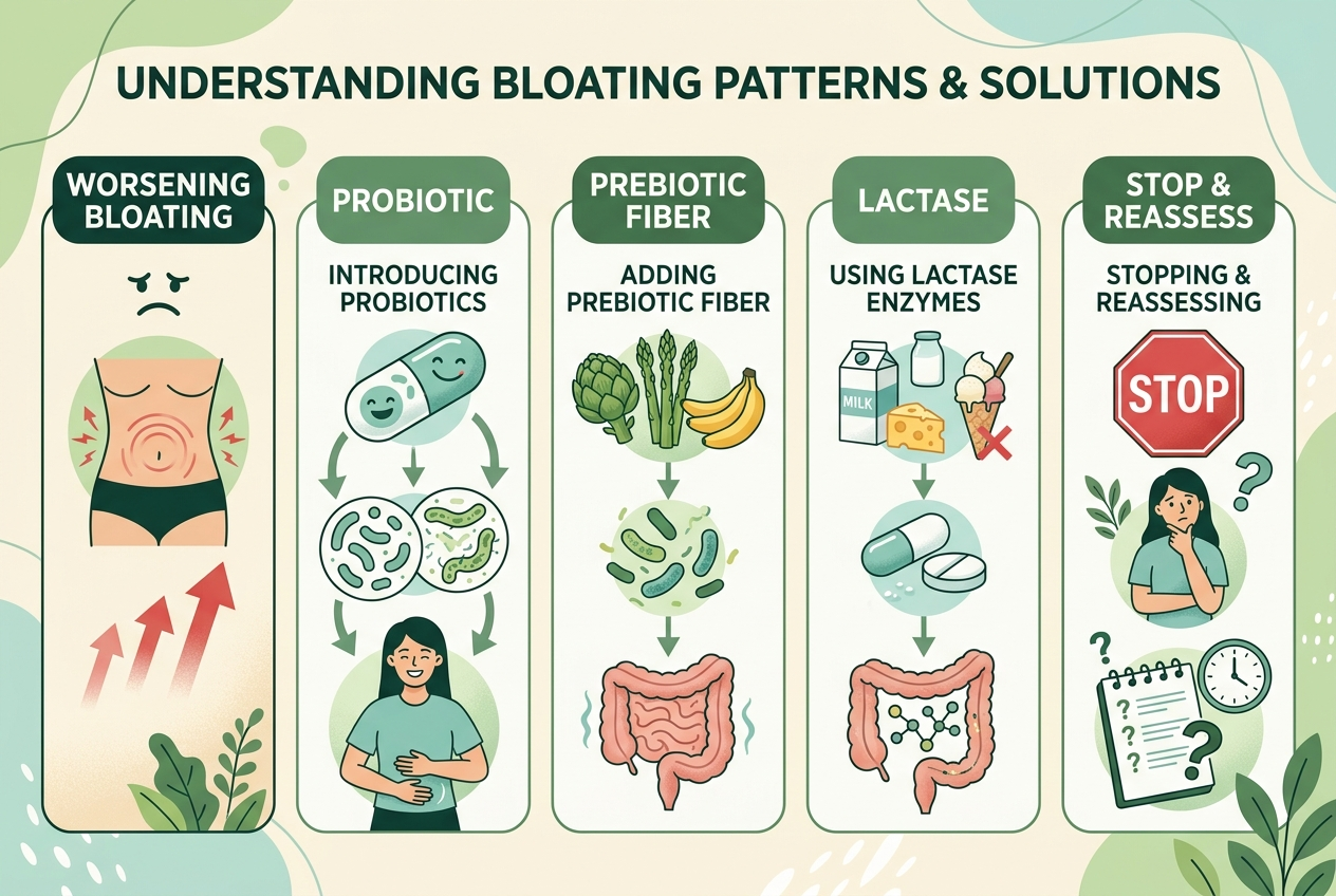Infographic showing when to keep, switch, or stop different gut-support options after worsening bloating.