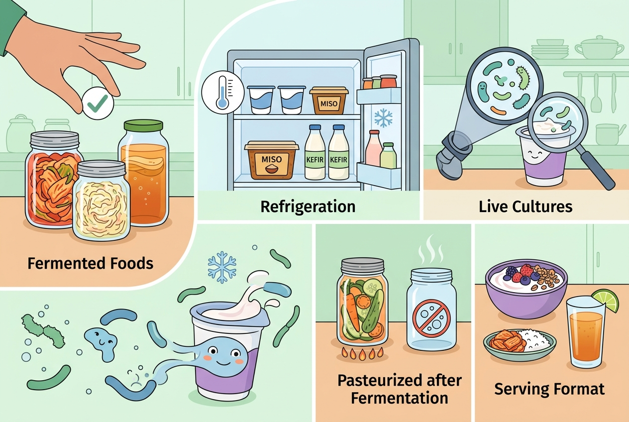Visual representation of the main clues used to judge whether fermented foods still contain live cultures.