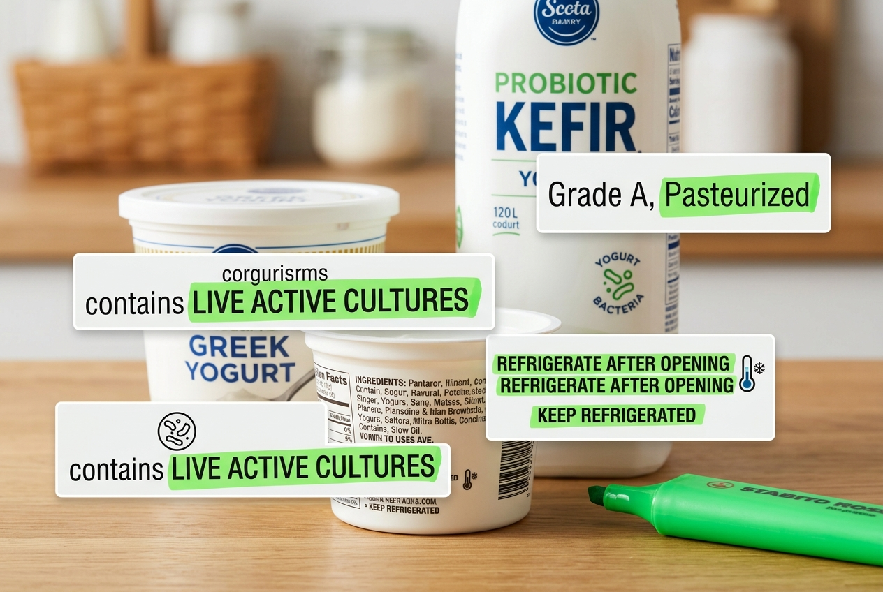 Food labels with live-cultures and pasteurized wording highlighted for comparison