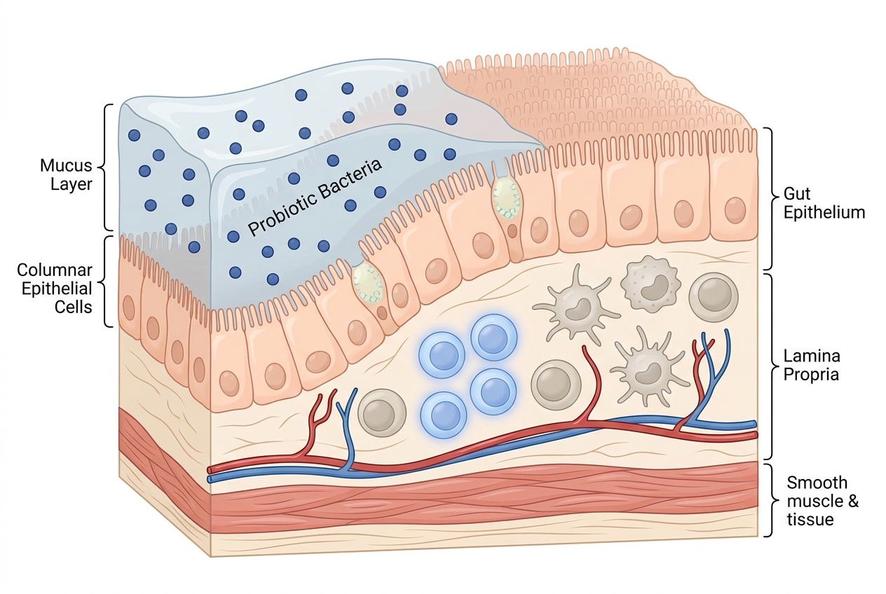 Gut mucosal layer showing immune cell activity and probiotic bacteria interacting with intestinal epithelial cells