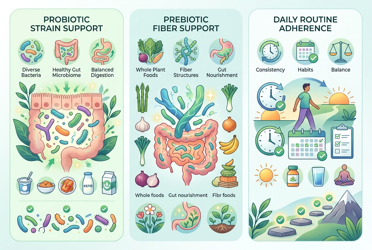 Comparison graphic showing probiotic, prebiotic fiber, and daily routine approaches to gut barrier support.