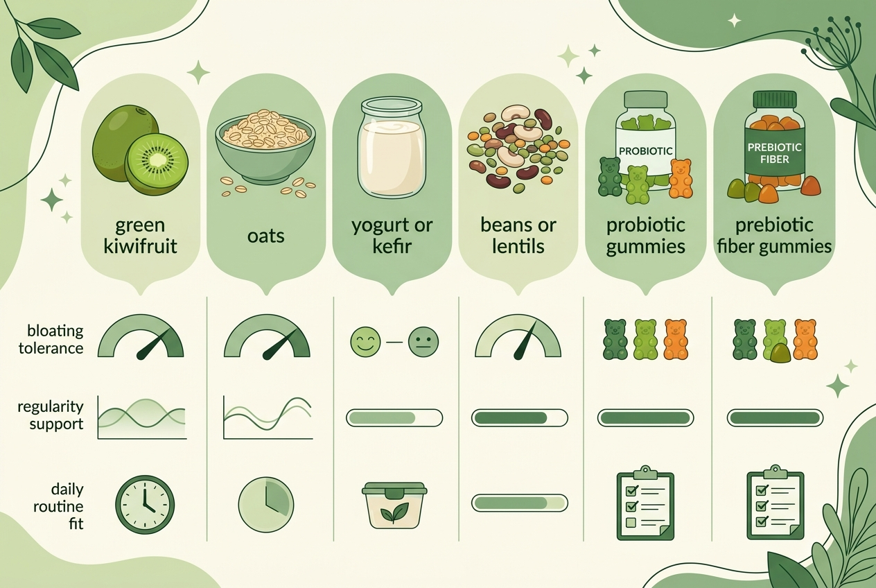 Comparison infographic matching gut-health foods and routine-support options to regularity, bloating tolerance, and daily consistency.