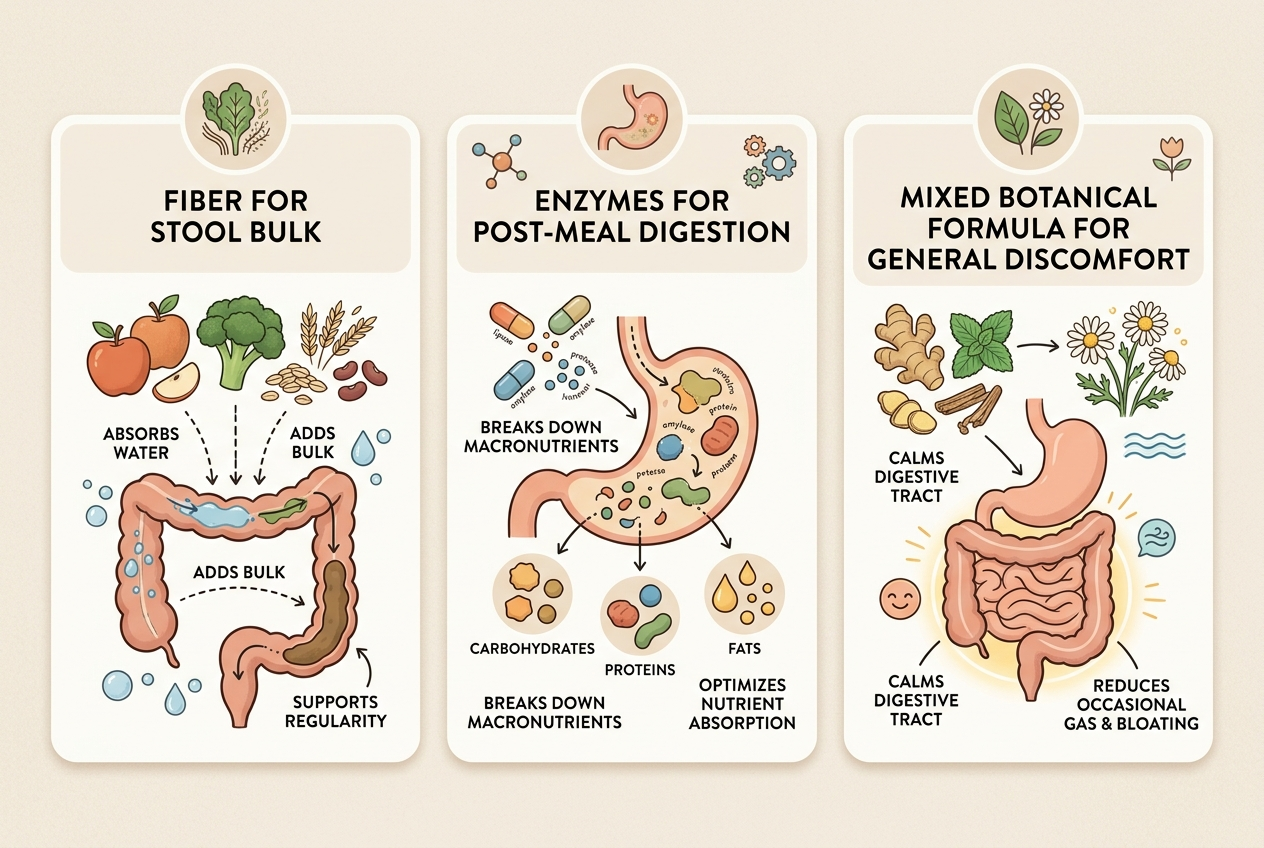 Educational infographic showing fiber support, digestive enzymes, and a mixed botanical gut formula as different digestive support pathways