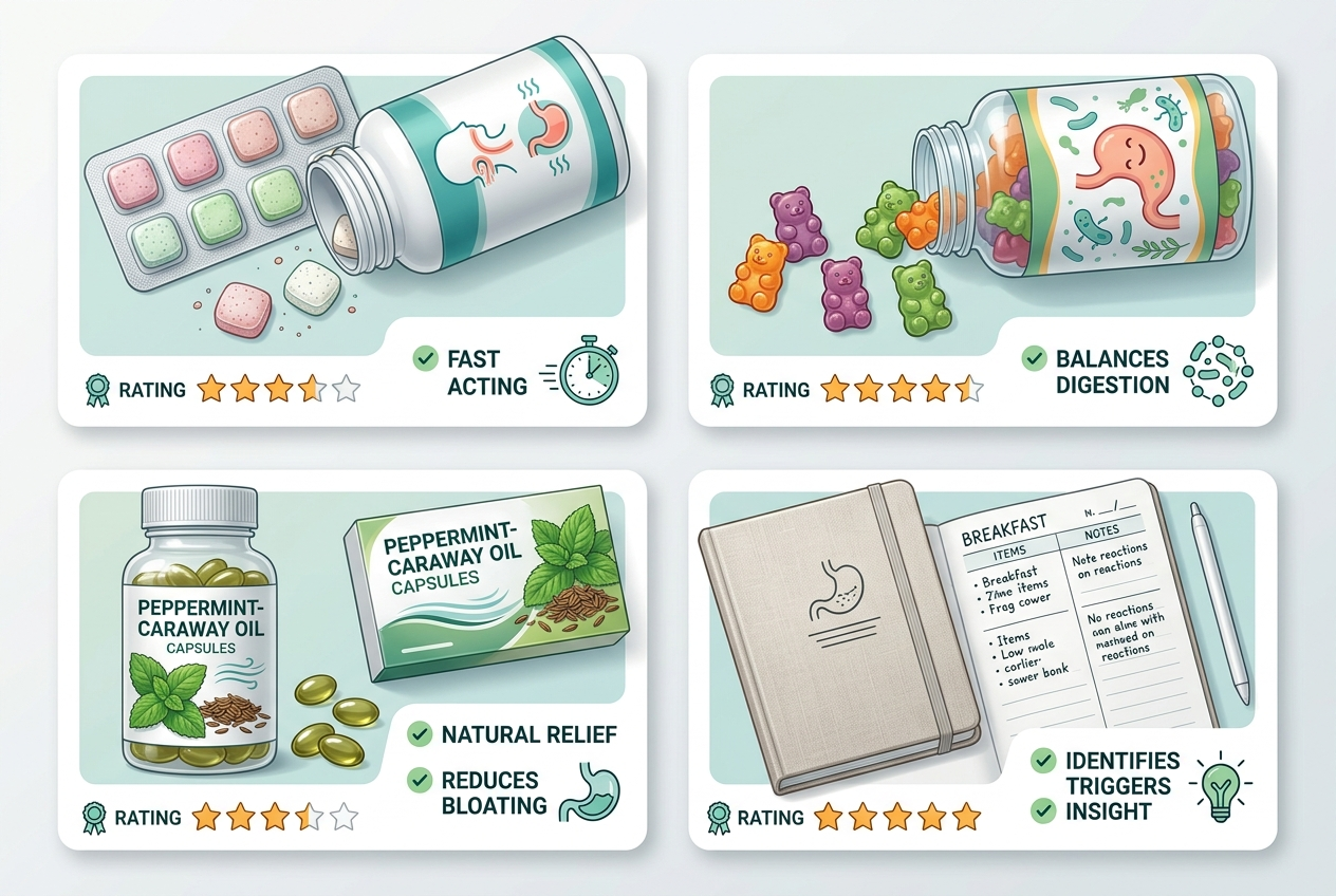 Comparison of routine support options for upper digestive discomfort including chewables, probiotics, and symptom tracking