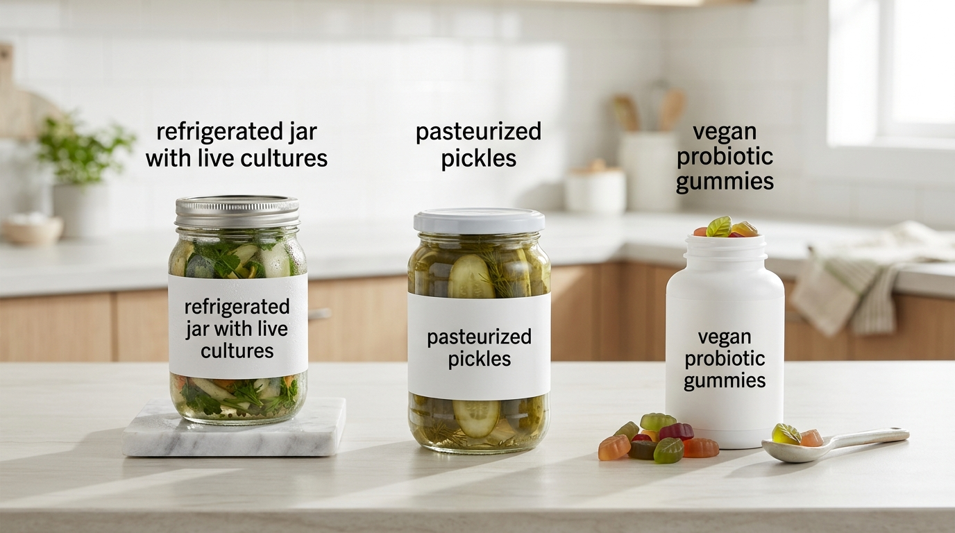 Refrigerated live-culture fermented food, pasteurized pickles, and probiotic gummies compared on a kitchen counter.