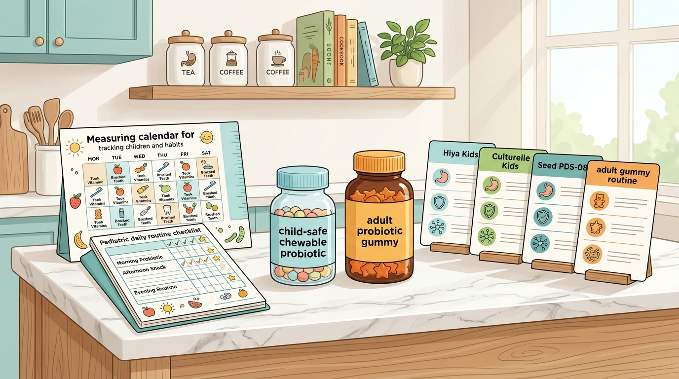 Family probiotic comparison scene with child chewable probiotic, adult gummy bottle, and pediatric checklist.