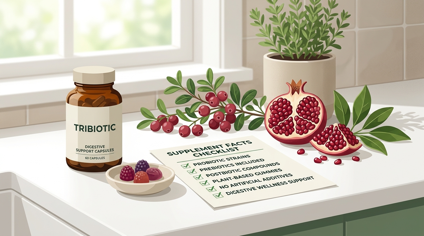 Tribiotic capsule bottle, probiotic gummies, and supplement facts checklist for comparing digestive support options.