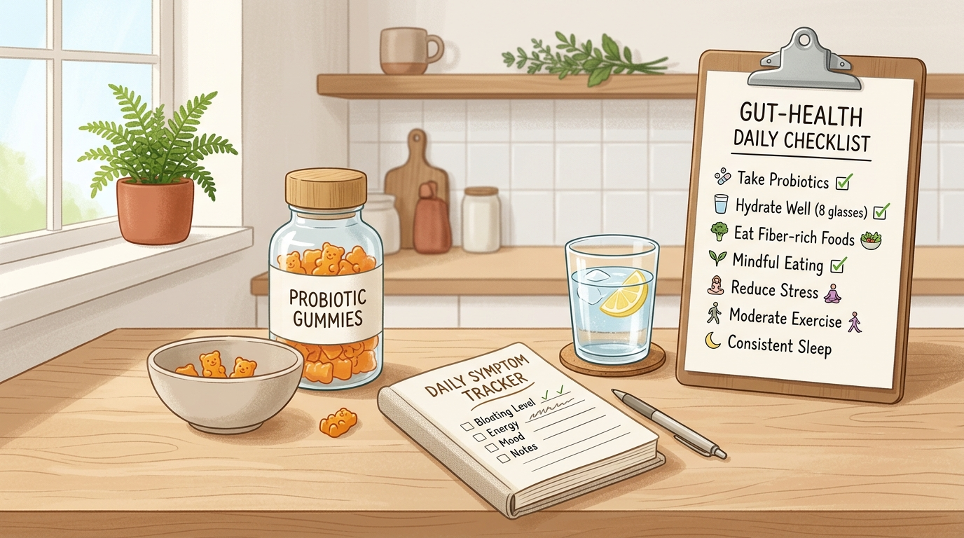 Probiotic gummies beside a symptom tracking notebook for evaluating probiotic tolerance.