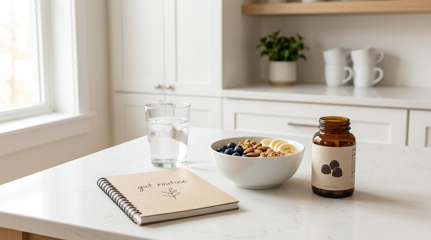 Calm kitchen setup with water, simple foods, and a gut routine notebook for severe bloating support.