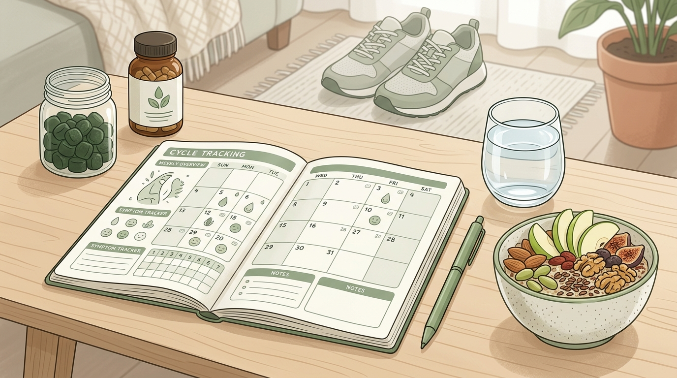 Cycle-tracking calendar, water, fiber snack, walking shoes, probiotic gummies, and enzyme capsules for luteal-phase digestive support.