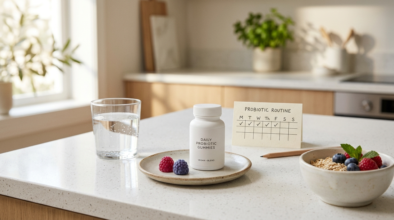 Simple daily probiotic routine with gummies, water, fiber-rich foods, and a habit tracker.