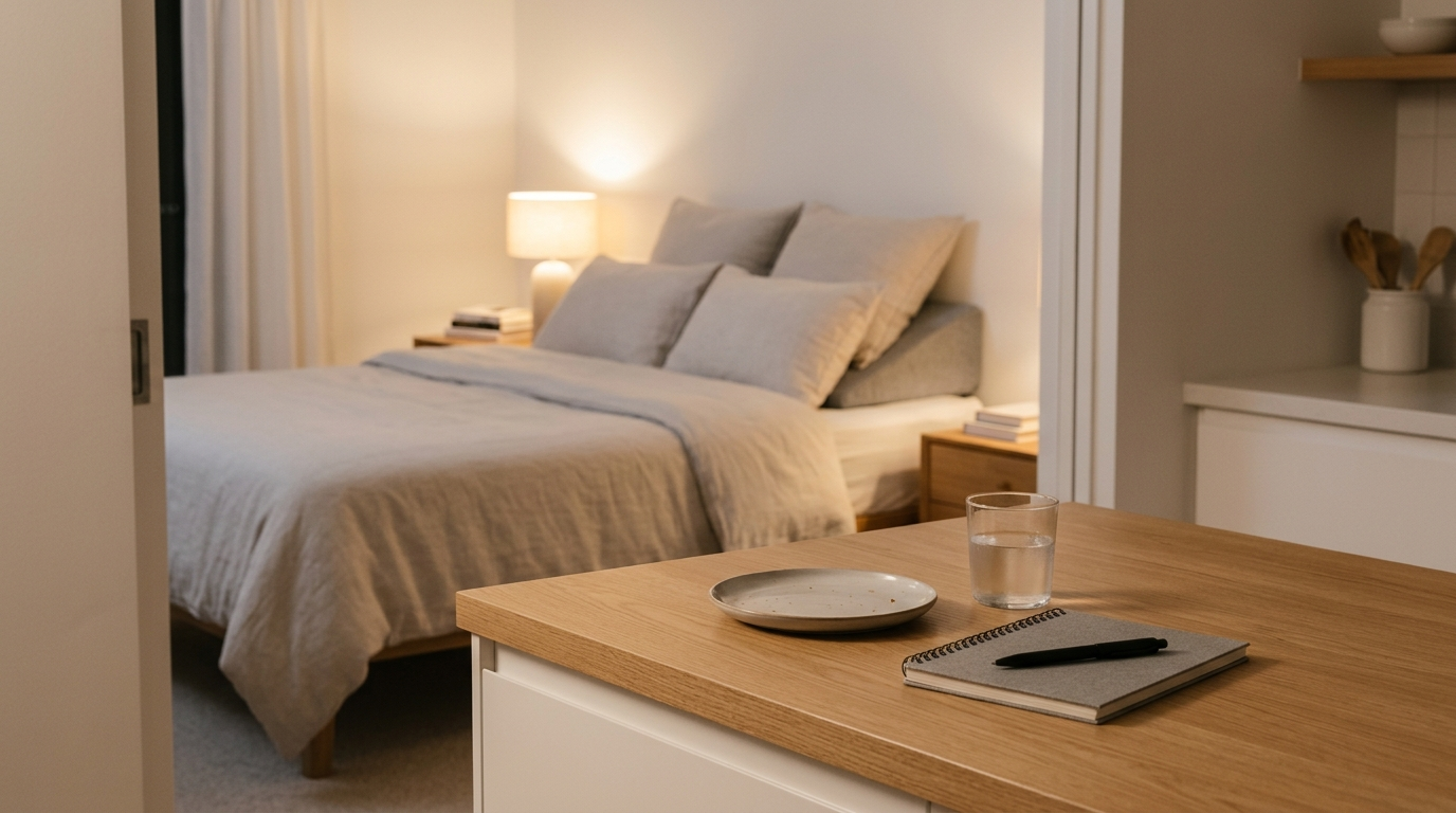 Calm evening reflux comfort routine with symptom notebook, water, and elevated sleep setup.