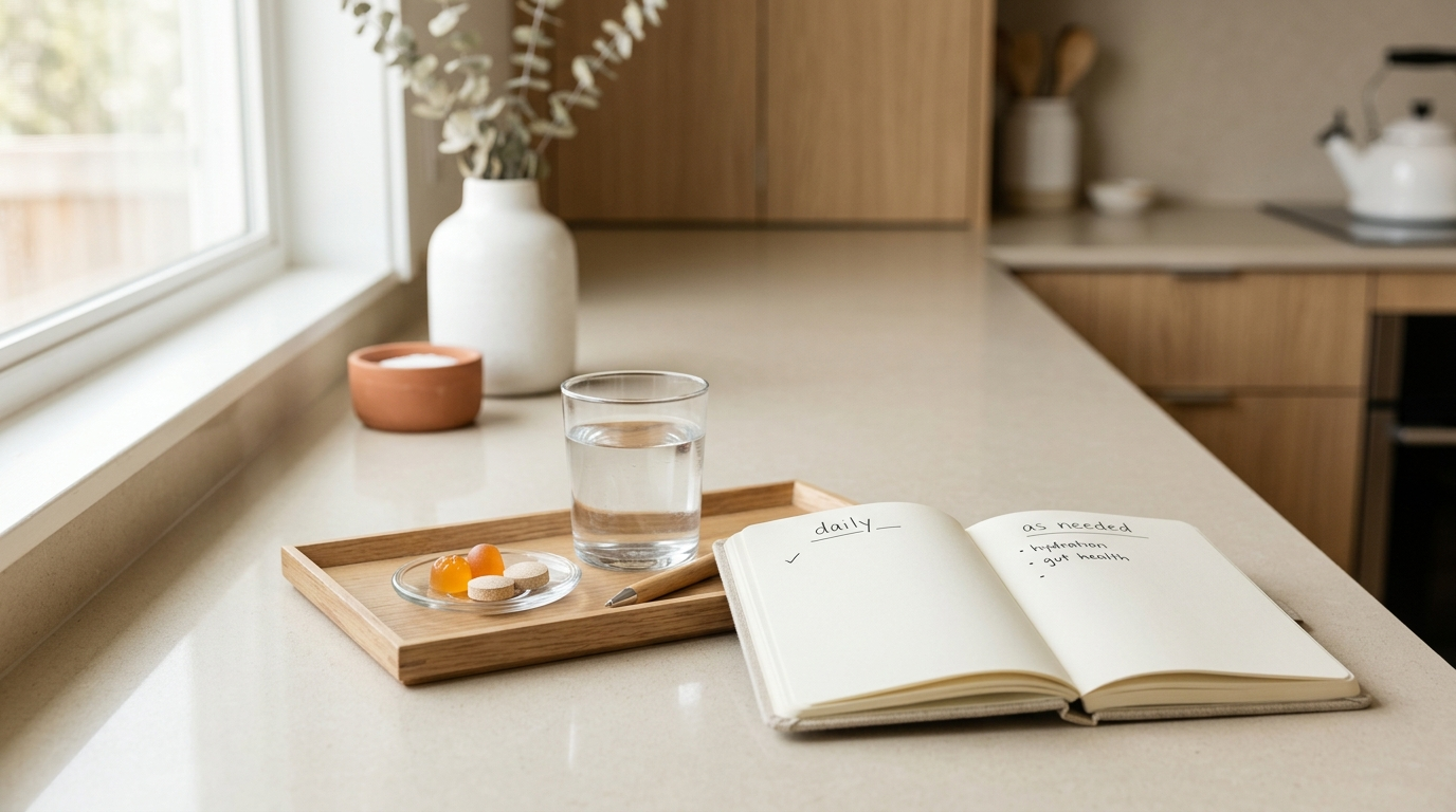 Simplified digestive supplement routine with gummies, a chewable, water, and daily versus as-needed notes on a kitchen counter.