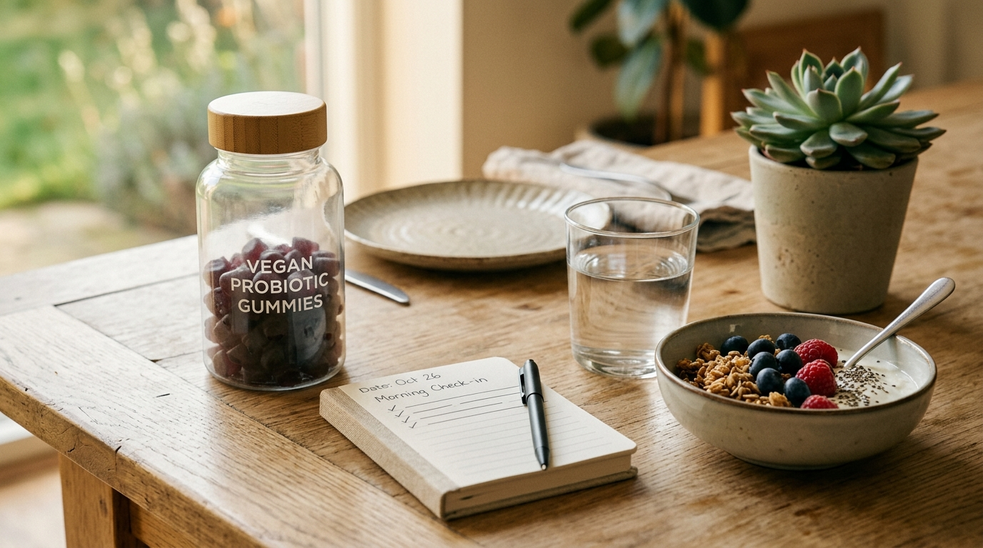 Probiotic gummies, water, and a daily tracking notebook arranged for someone starting a probiotic routine