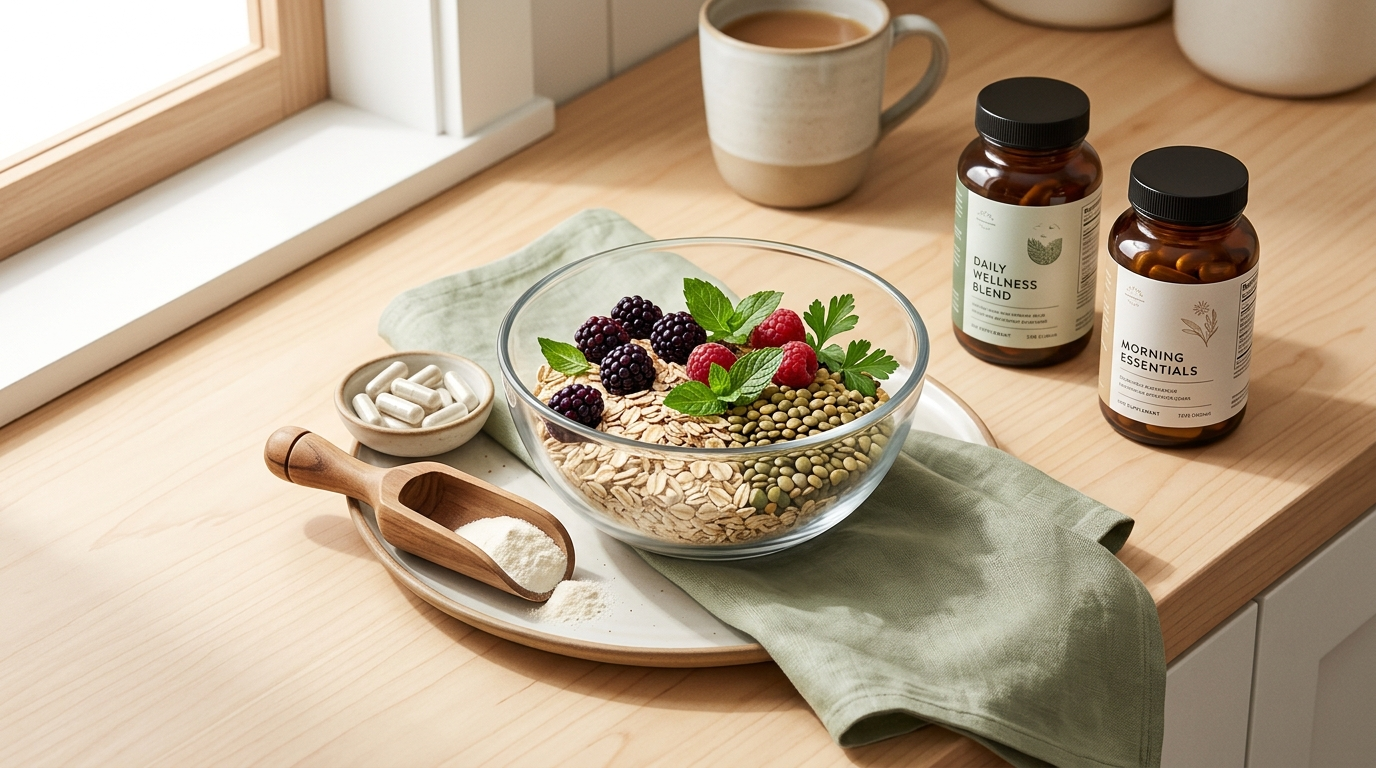 Food-first gut support routine with fiber-rich foods, probiotic gummies, prebiotic gummies, glutamine powder, and zinc capsules.
