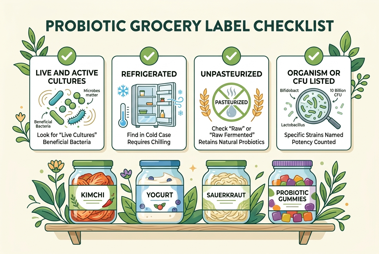 Checklist showing how to identify live-culture fermented foods and strain-labeled probiotics.