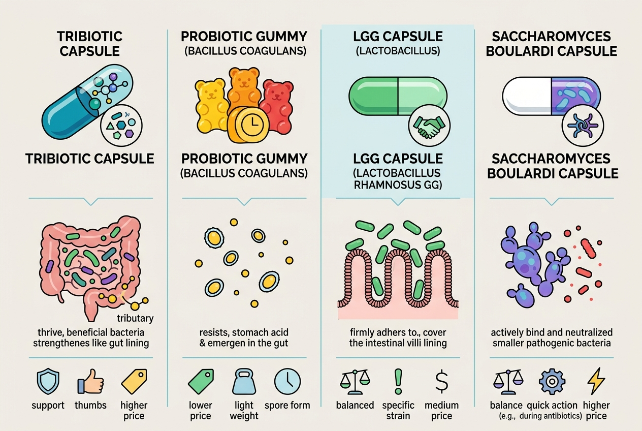 Comparison graphic of tribiotic capsules, probiotic gummies, LGG capsules, and Saccharomyces boulardii capsules.