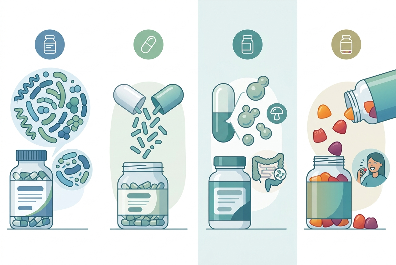 Visual comparison of high-CFU blends, single-strain probiotics, yeast probiotics, and gummy probiotic routines.