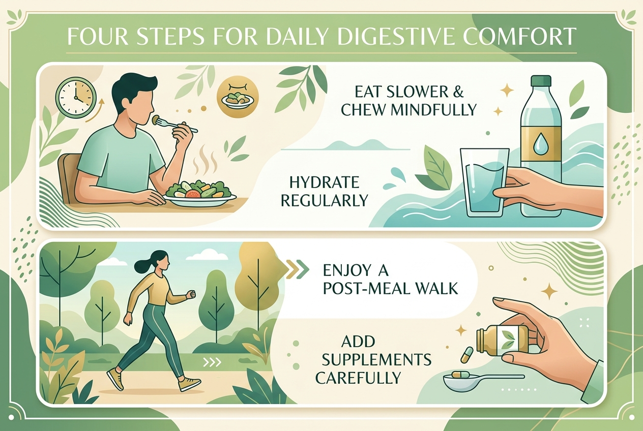 Four-step digestive comfort routine showing slower meals, hydration, walking, and one supplement variable.
