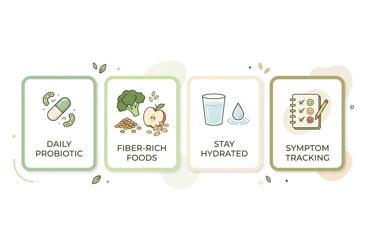 Visual guide to a probiotic routine with probiotic, fiber, hydration, and tracking steps.