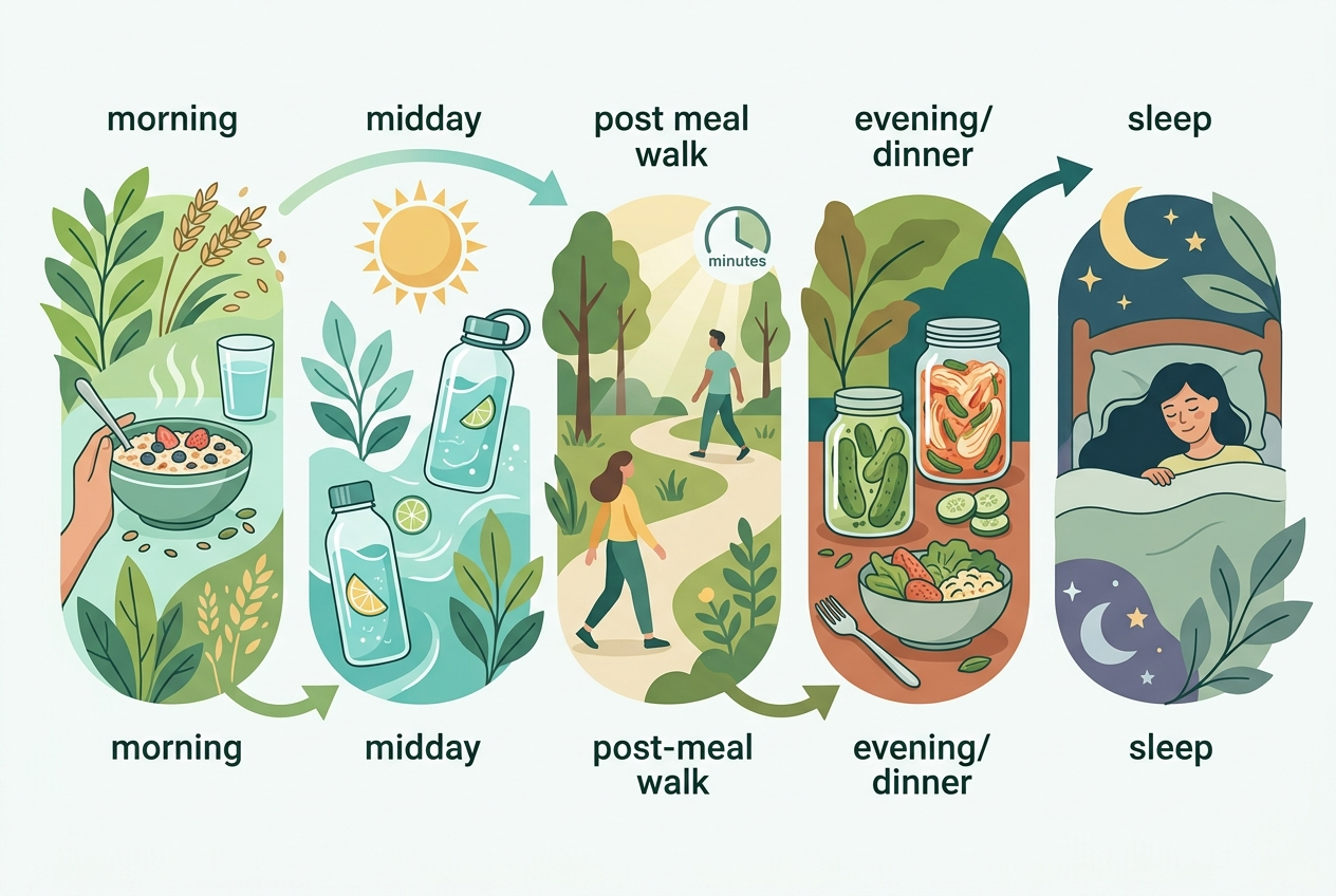 Gut-health routine timeline showing fiber, hydration, movement, fermented foods, and sleep.
