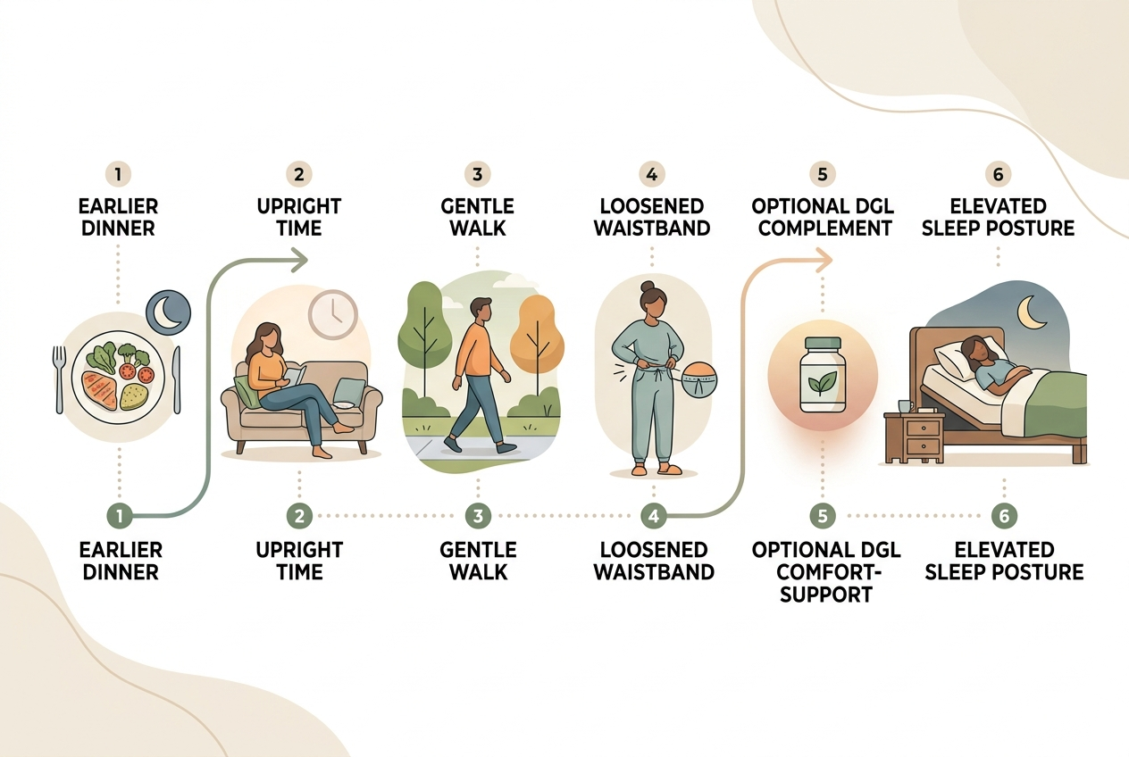 Timeline of nighttime digestive comfort steps before bed.