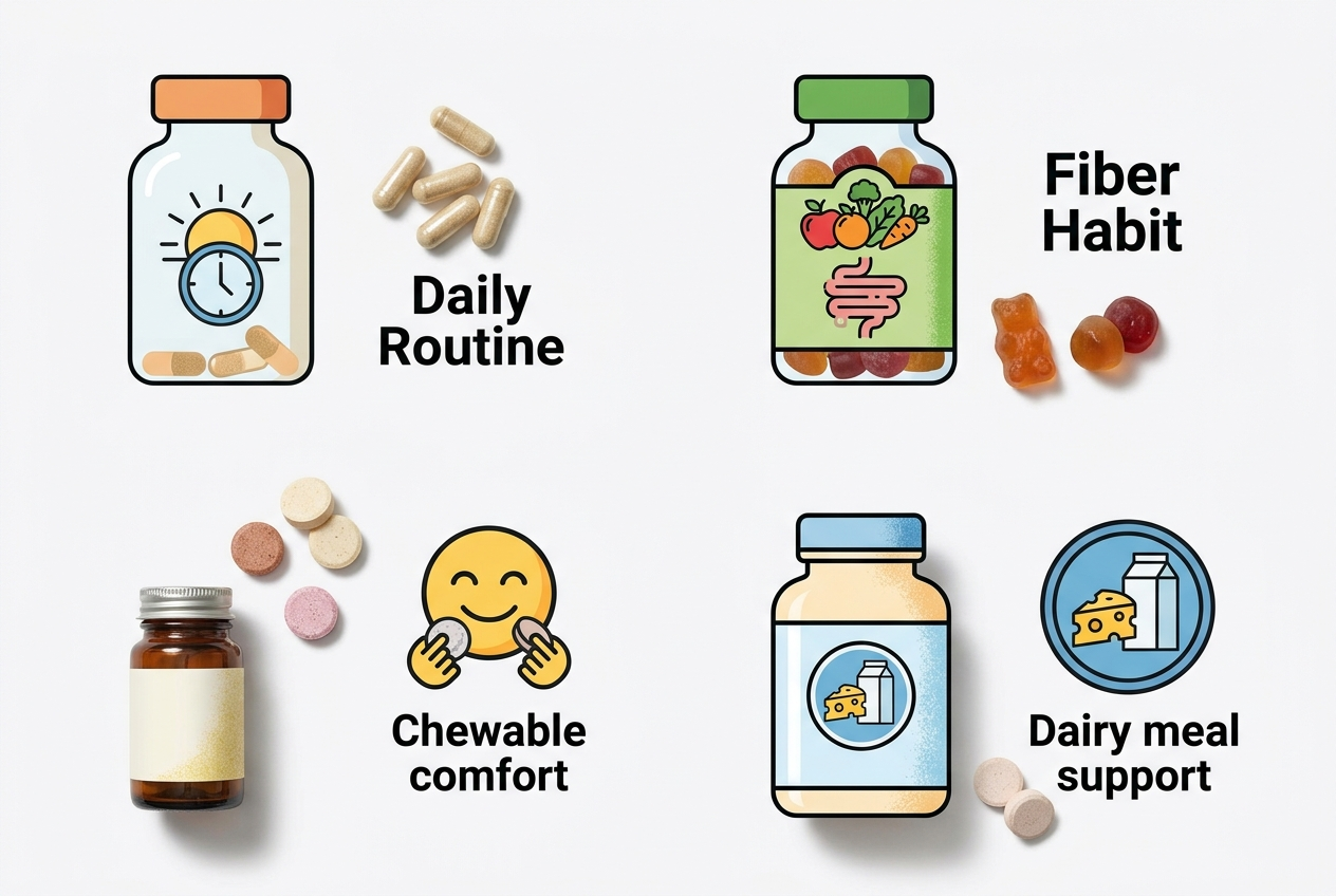 Comparison of capsule, gummy, chewable, and meal-specific digestive supplement formats for reducing pill burden.