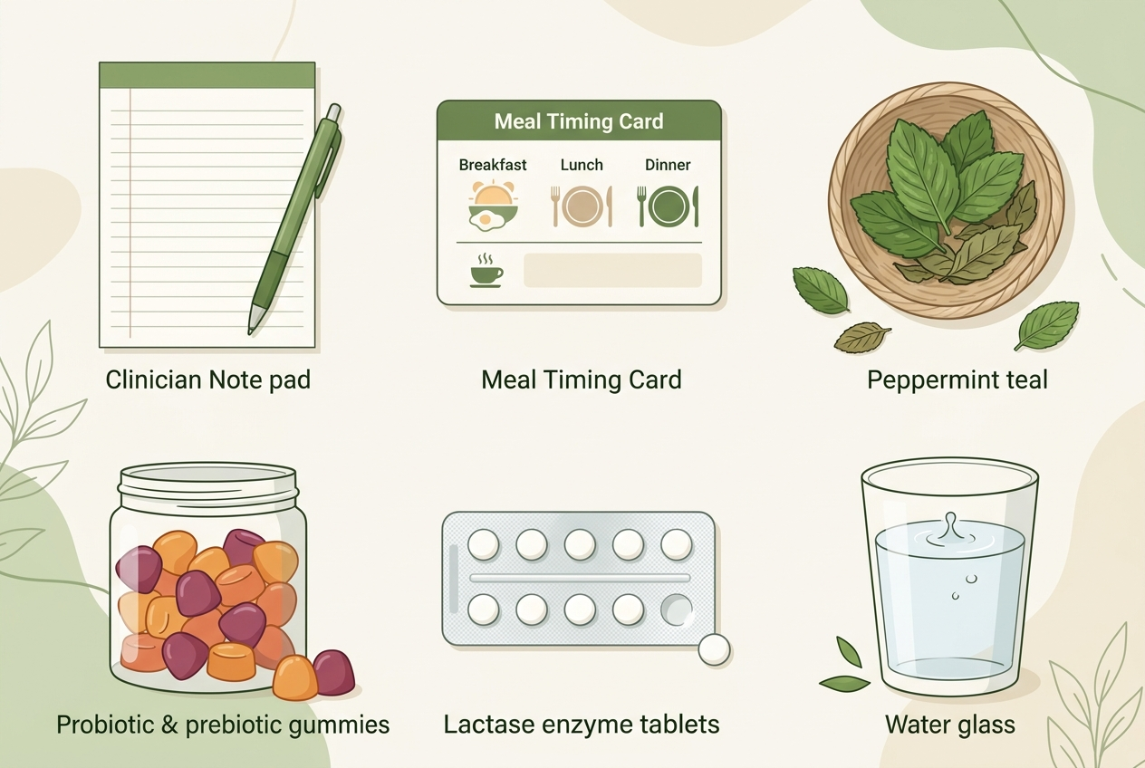 Digestive-support routine tools including meal notes, peppermint, gummies, enzymes, and water.