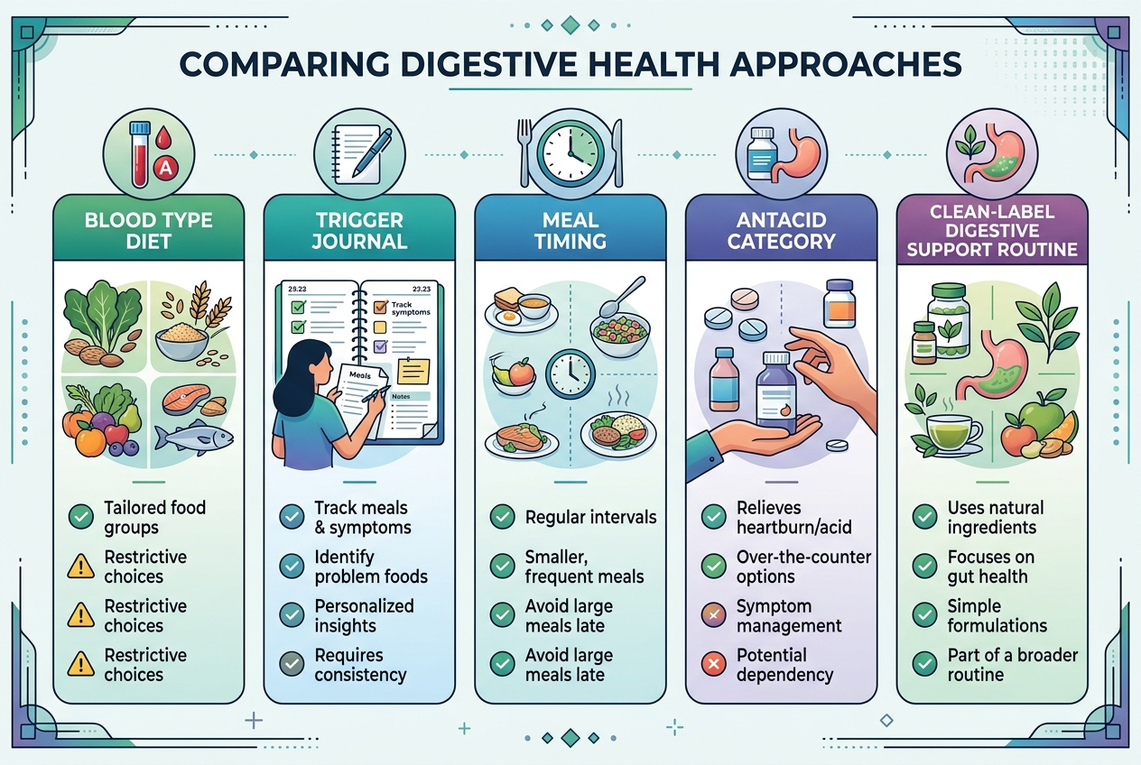 Comparison infographic showing blood type diet, trigger tracking, meal timing, and digestive support routine options.