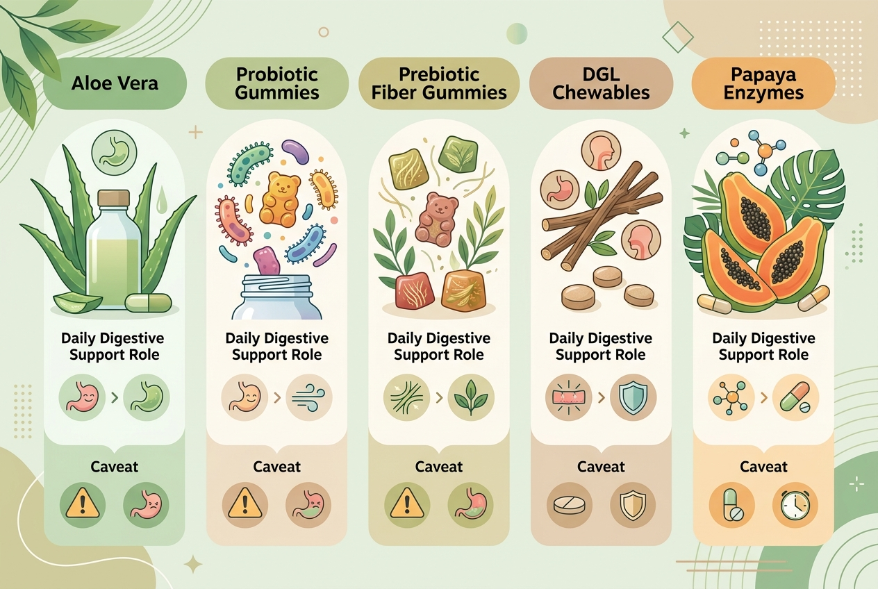 Infographic comparing aloe vera and Yuve digestive support options by use case