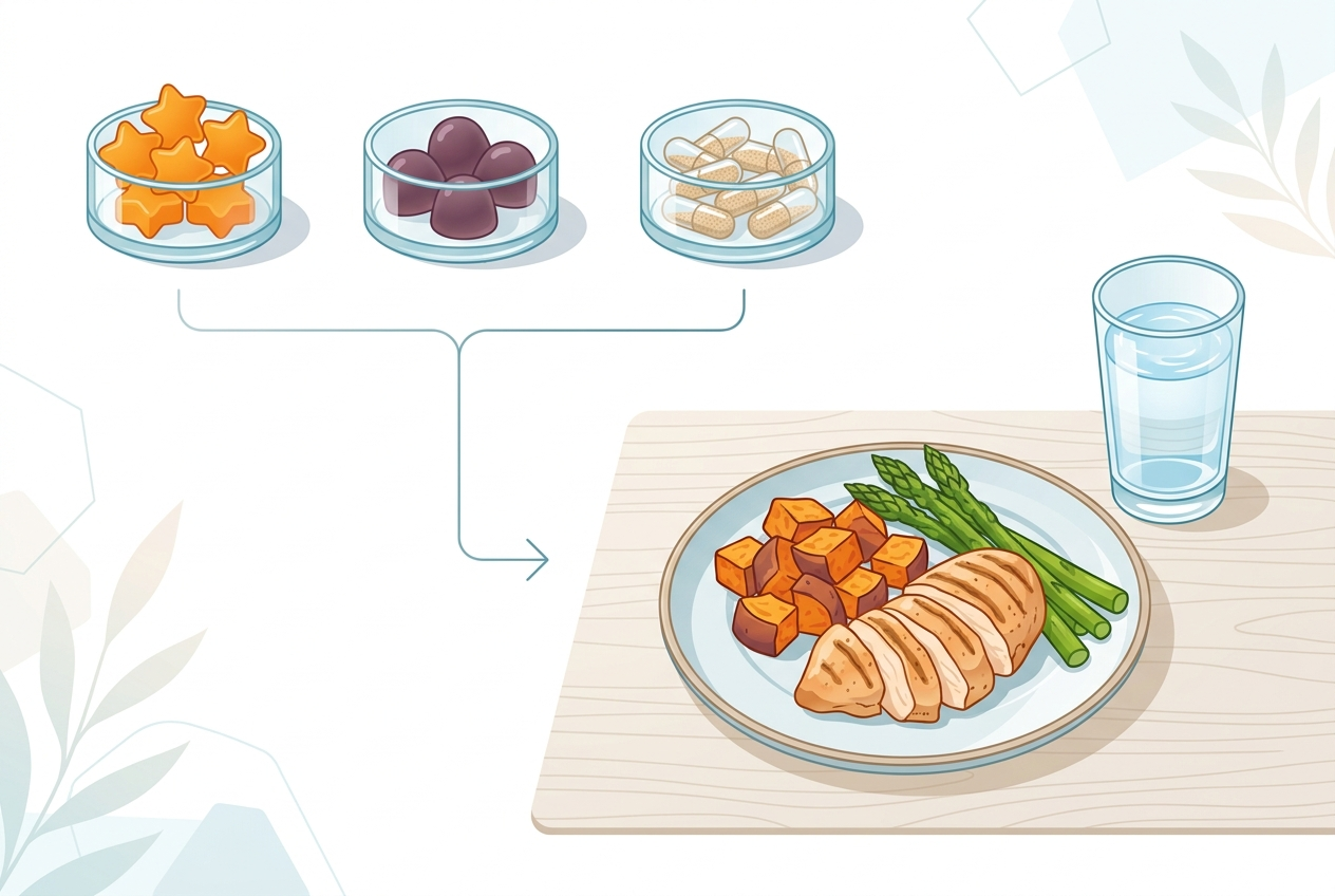 Fiber gummies, probiotic gummies, papaya enzyme capsules, a meal plate, and water arranged as a digestive routine.