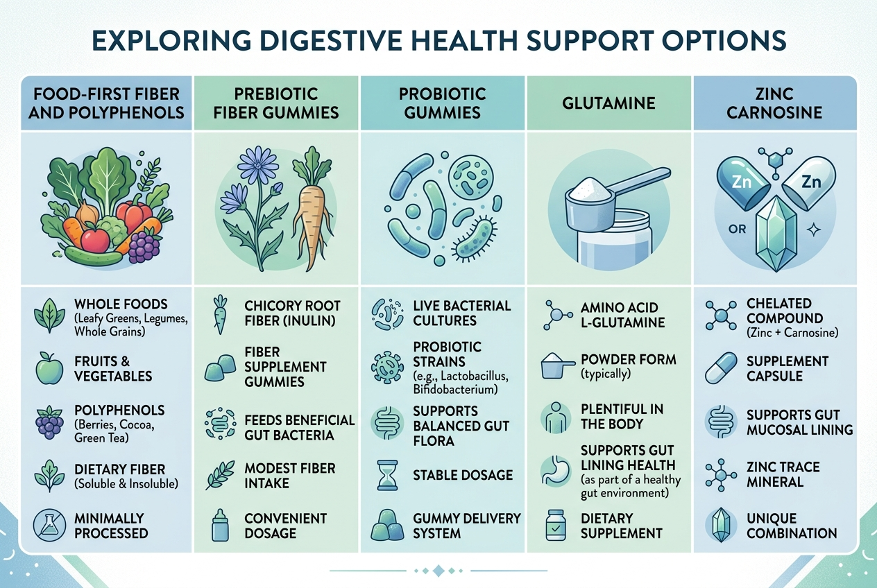 Comparison chart of gut barrier support options including food-first fiber, prebiotic gummies, probiotic gummies, glutamine, and zinc carnosine.