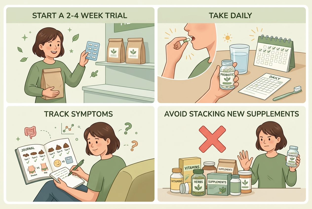Infographic showing how to test one probiotic consistently over two to four weeks